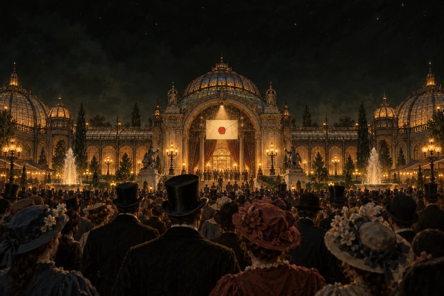 Oil painting: at night a crowd faces a glowing pavilion; above its door hangs a single card sealed in red wax, and every other window is curtained.