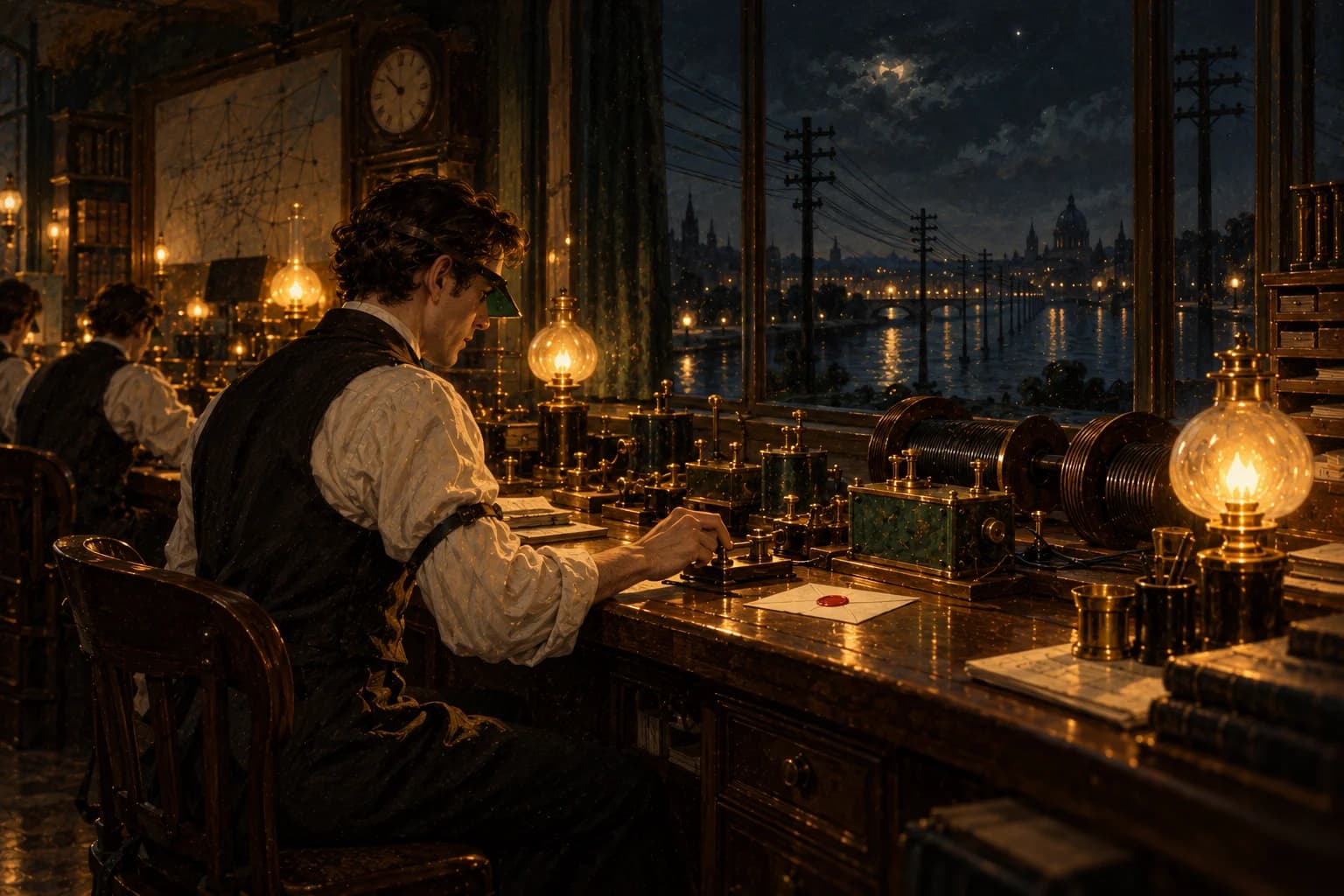 Oil painting: a telegraph operator at night sends a message; beside his hand lies one card sealed in red wax, and the wires run out over a river.