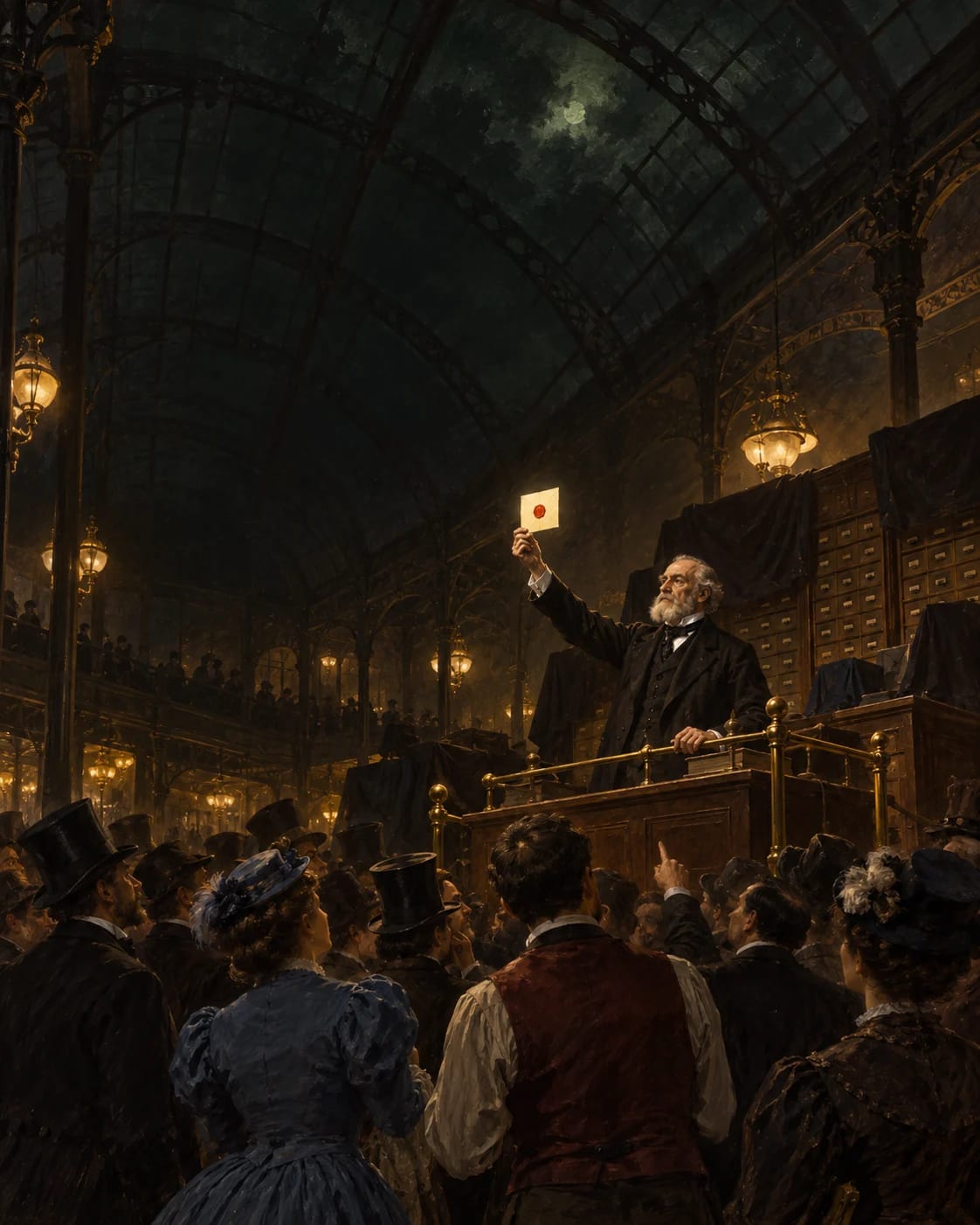 Oil painting: in a gaslit iron-and-glass hall, a notary raises a single card sealed in red wax while a crowd watches. Everything else in the hall is covered.