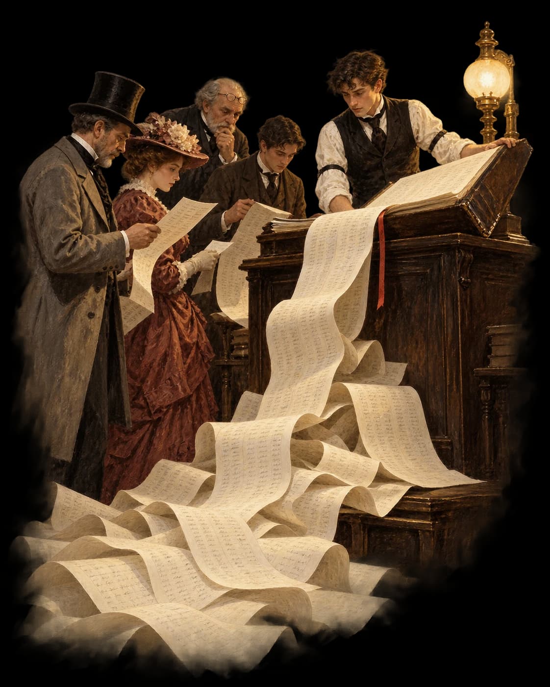 Oil painting: a bank clerk opens a ledger and an endless ribbon of pages pours onto the floor while onlookers read them.