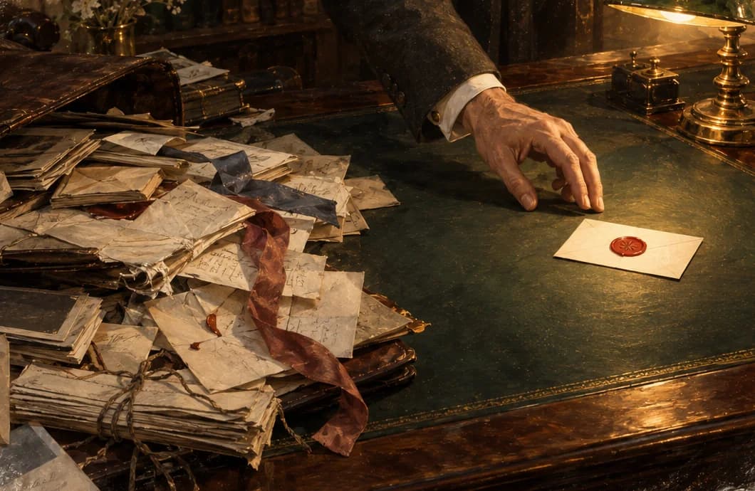 Oil painting: on a lender's desk, an overstuffed portfolio spills every paper its owner has; beside it lies one small card sealed in red wax, and the lender reaches for the card.