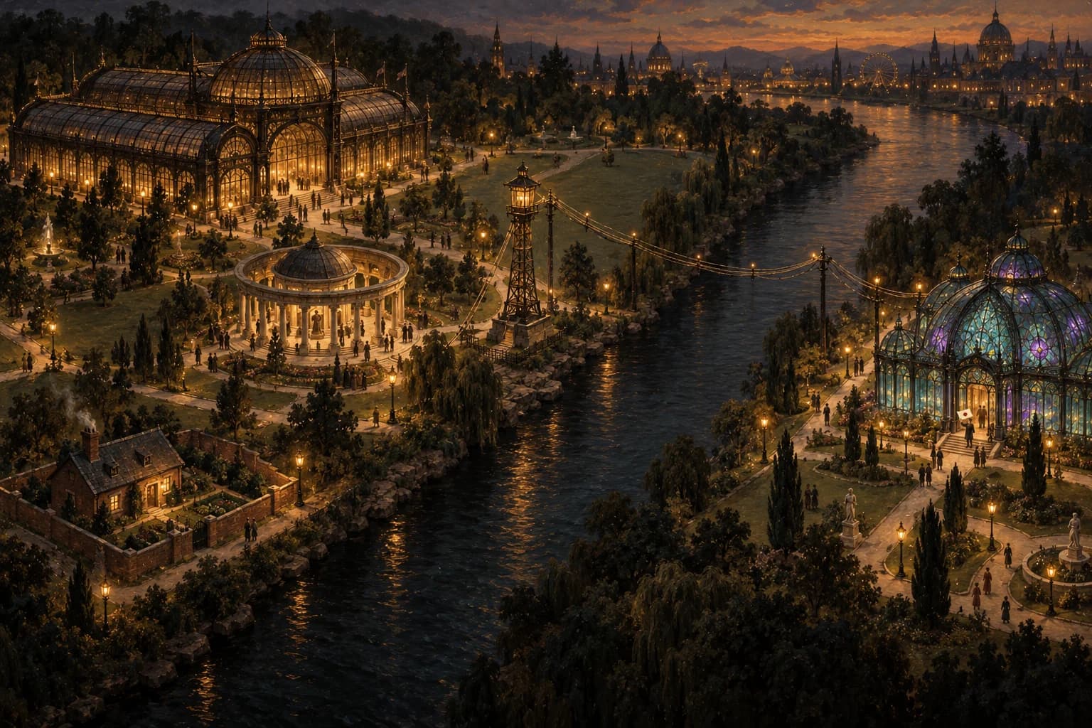 Oil painting: a world's-fair ground at dusk, divided by a river. Pavilions on one bank are joined to a glass pavilion on the other only by telegraph wires; there is no bridge.