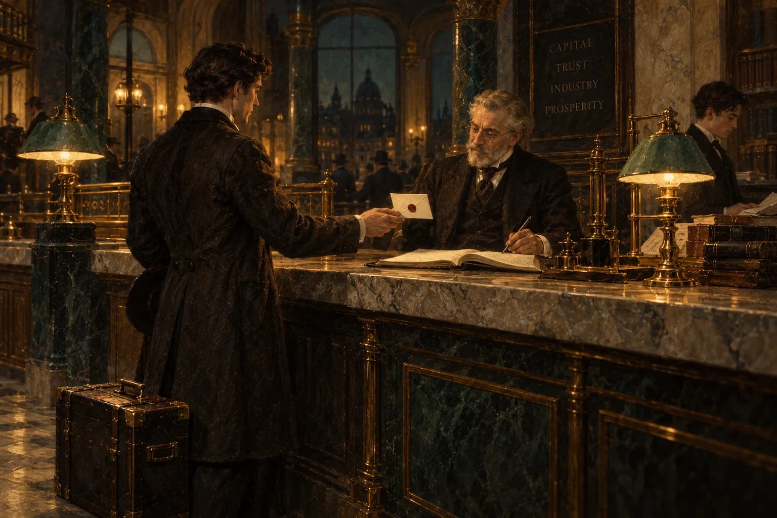 Oil painting: at a bank counter a borrower hands over one sealed card; his own strongbox stays closed at his feet.