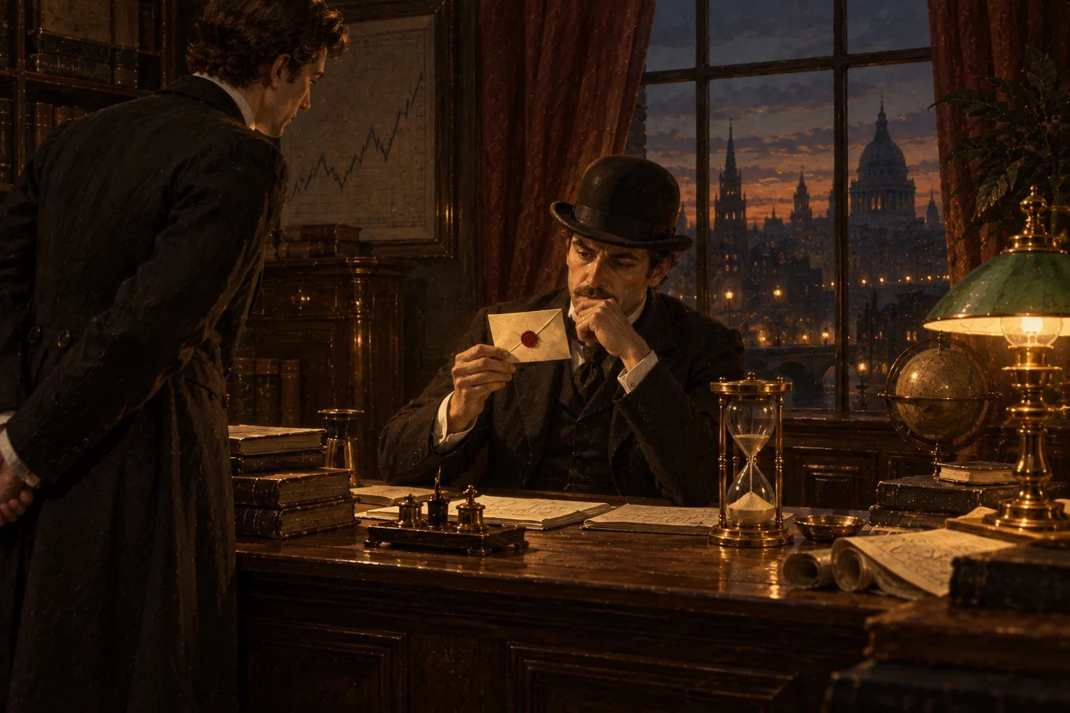 Oil painting: a trader studies a sealed card beside an hourglass that has nearly run out.