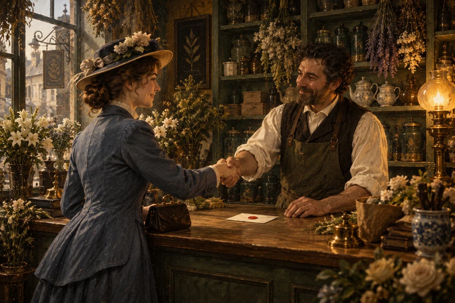 Oil painting: a shopkeeper and a customer shake hands over a sealed card; her purse stays closed.