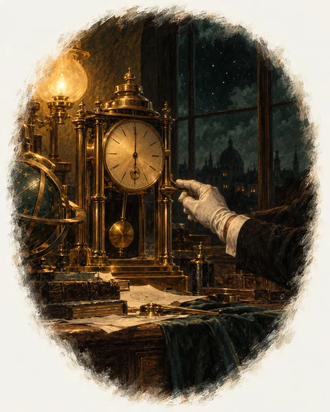 Oil painting: a gloved hand stops a brass chronometer at one moment.