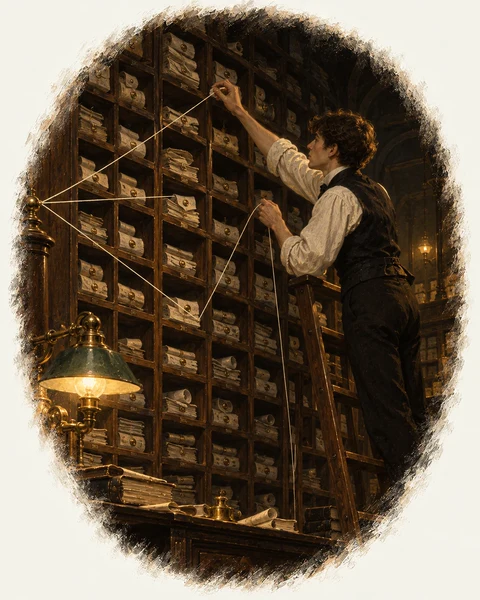 Oil painting: a clerk on a ladder threads a path through an archive of pigeonholes.