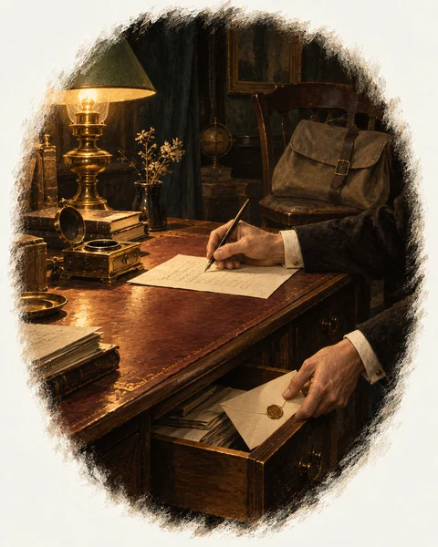 Oil painting: a letter is signed, then placed in a drawer instead of the post.