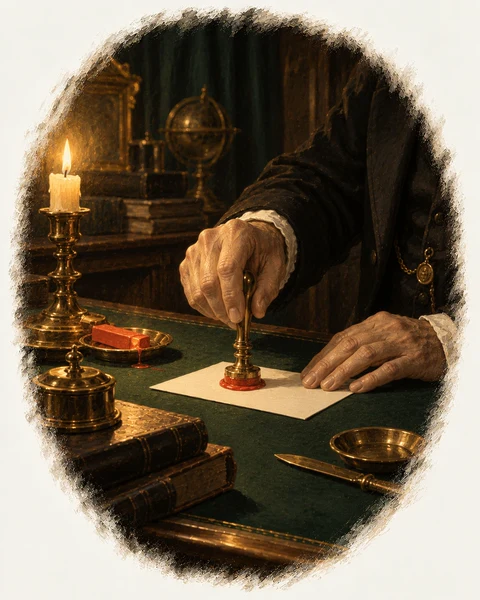 Oil painting: a notary presses a brass seal into red wax on a single card.